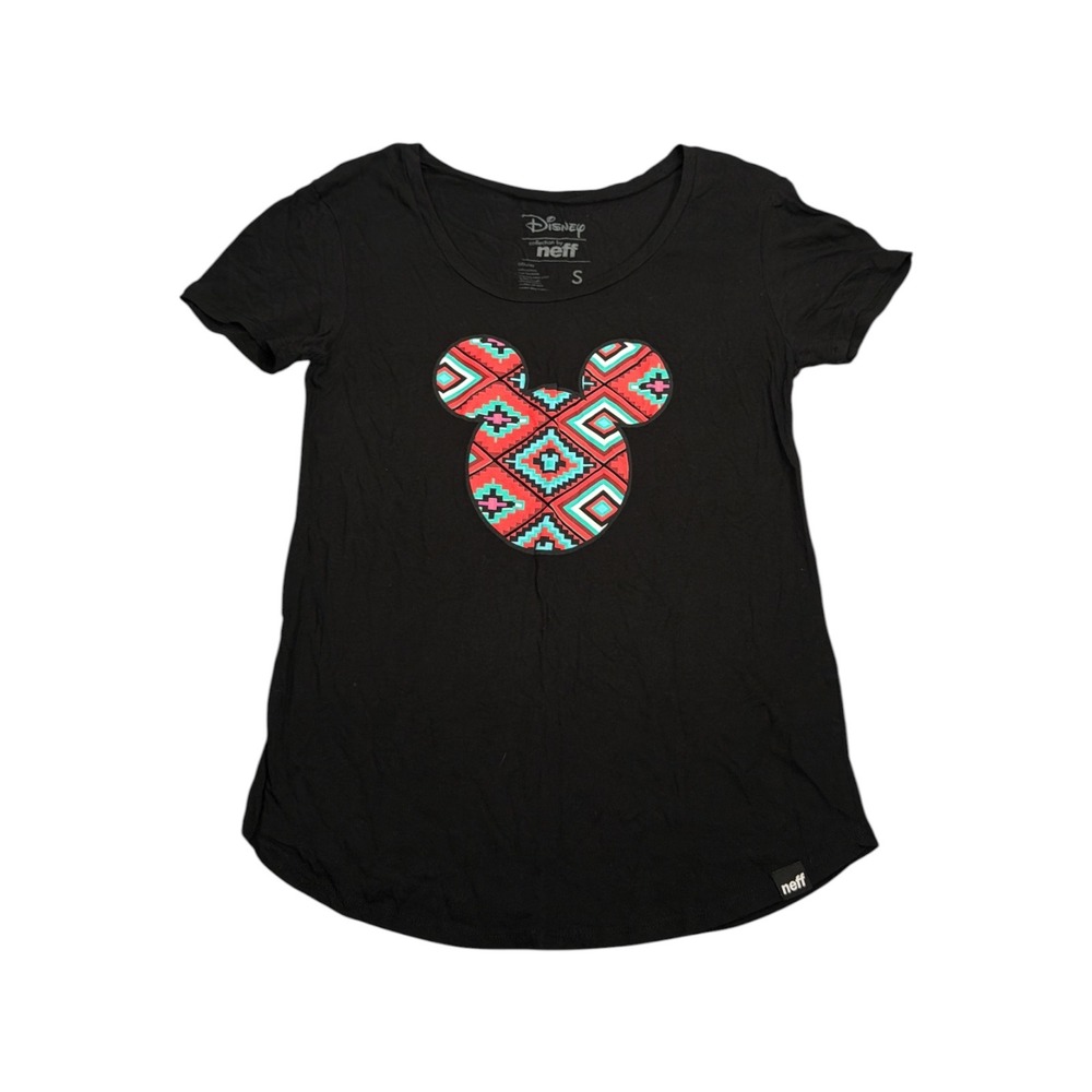 Disney Neff Mickey Mouse Aztec Print Black Scoop‎ Neck T-Shirt Womens Small